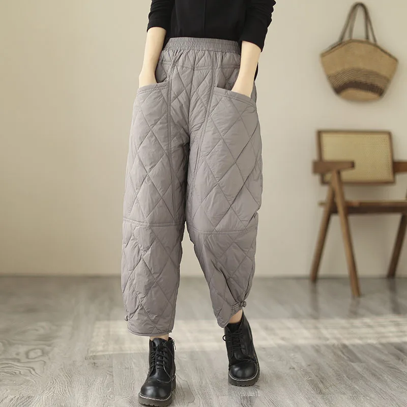 

New Women's Autumn And Winter Solid Color Rhombus Down Pants Retro Buckle Cotton Pants Padded Thick Warm Elastic Waist Trousers
