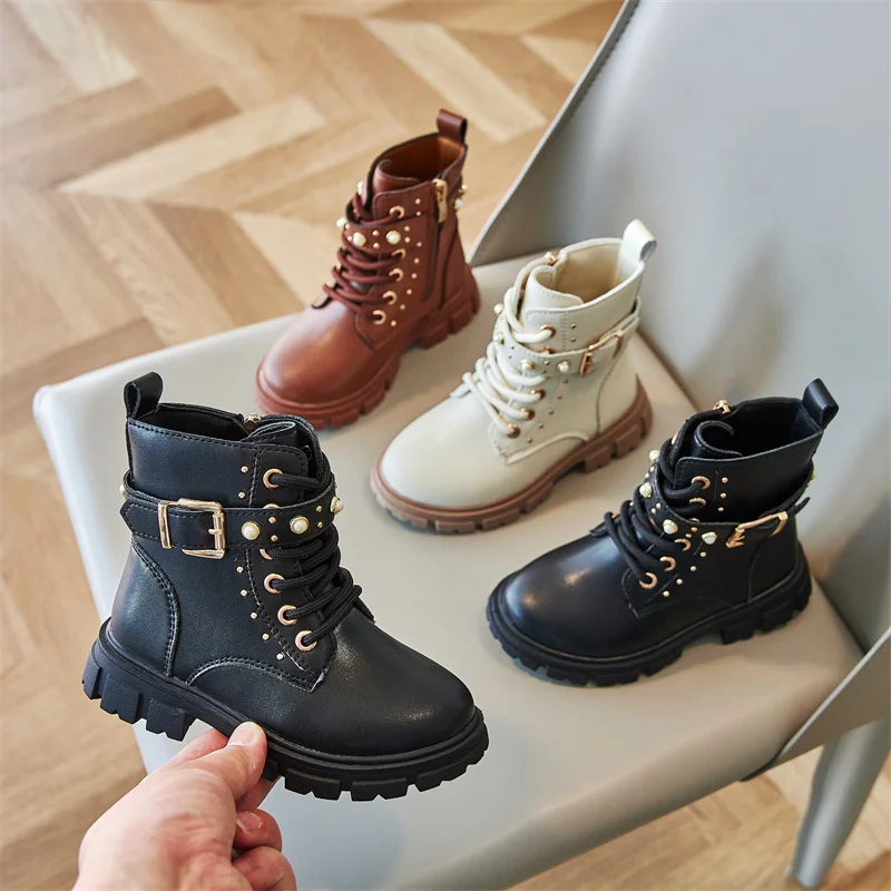 Popular Fashion Catwalk Boots Zipper Kids Soft Autumn/Winter Single Baby Square Heel Pearl Children Short Boots Zapatos Mujer