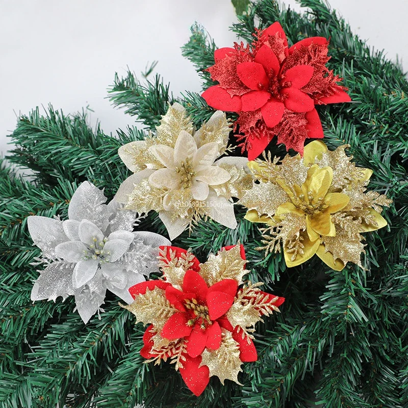 Artificial Christmas Flowers Christmas Tree Decoration Fake Flower Head Xmas Ornament New Year Gift Noel Home Decor Xmas Tree