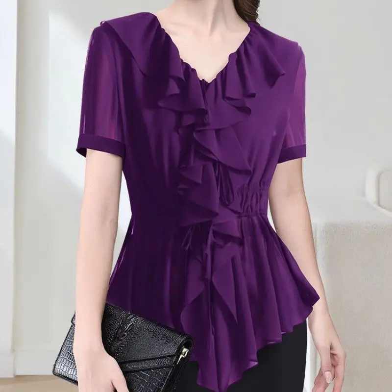 Women Summer Simplicity Slim Temperament Ruffles Chiffon V-neck Solid Color Short Sleeve Shirts Ladies Casual All-match Tops