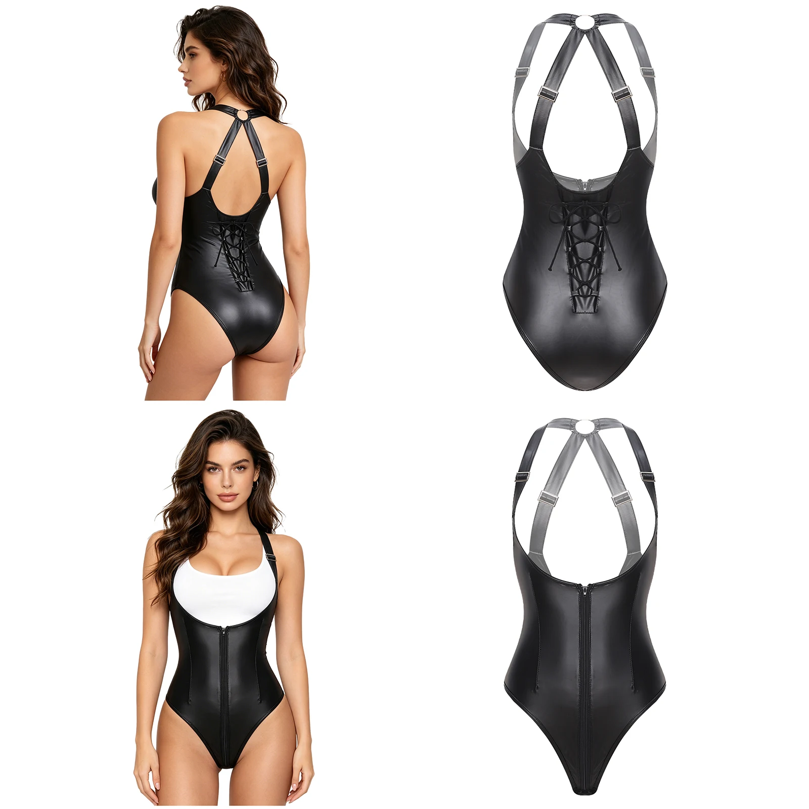 

Women Sexy Exposed Breasts PU Leather Zip-up Bodysuit Rave Nightclub Couple Game Lingerie Nightwear Bunny Girl Dress Up Leotard