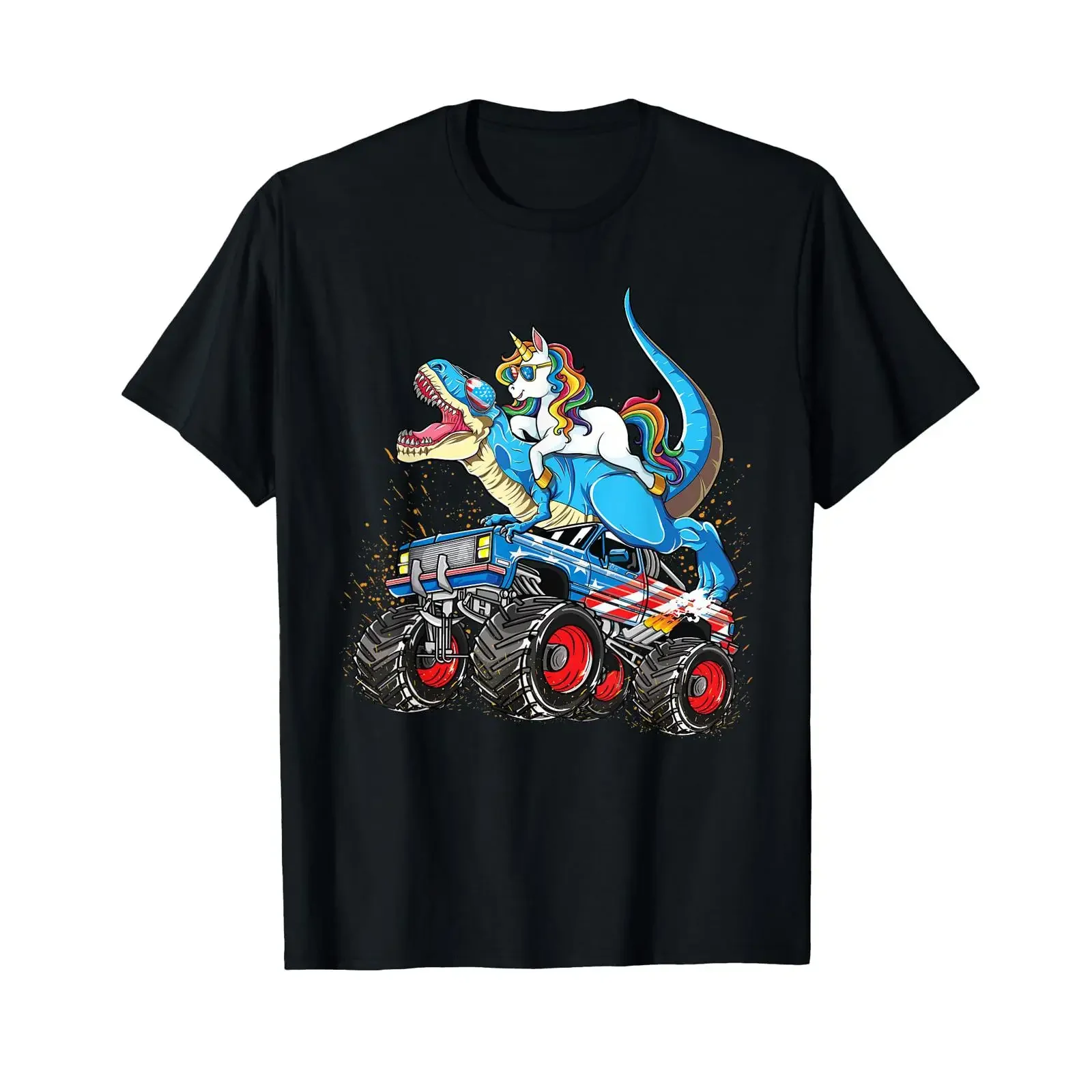 Unicorn Riding T rex Monster Truck Boys Girls Shirt vintage Washed Versatile Unisex fashion designer clothes
