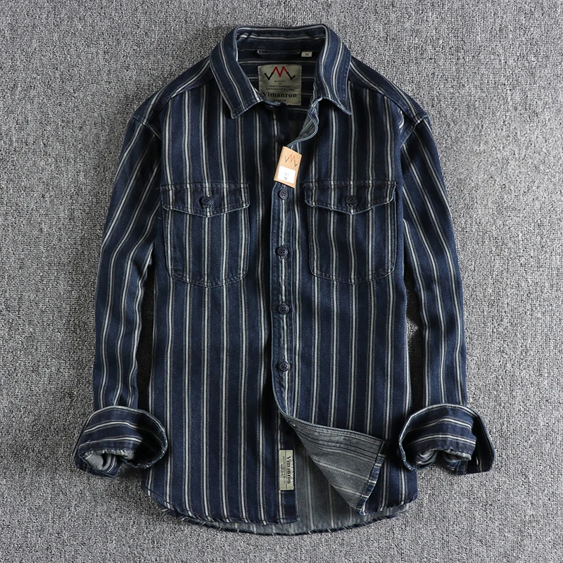 Autumn and winter new yarn-dyed striped wash jeans long-sleeved shirt man retro trend with classic shirt