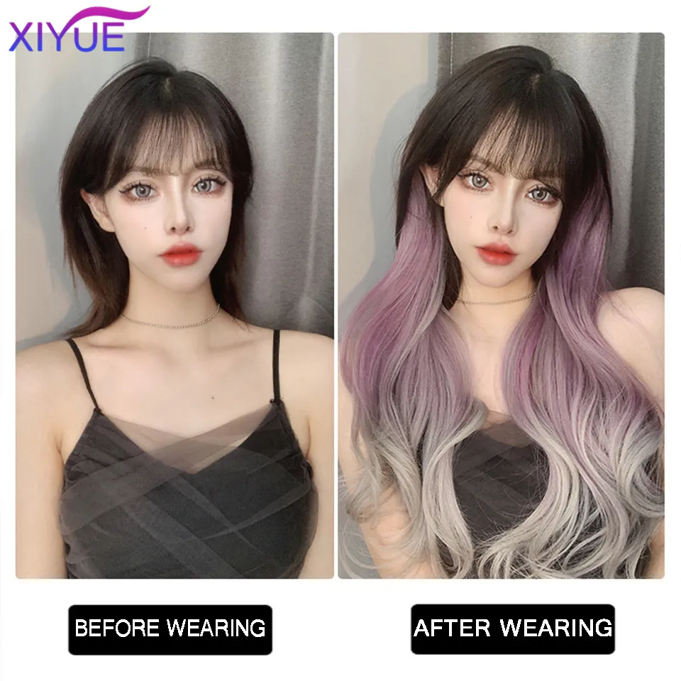 XiYUE  Wig Women's Long Hair Natural Gradient Wig One Piece Traceless Colorful Ear Dyed Synthetic Hair Patch