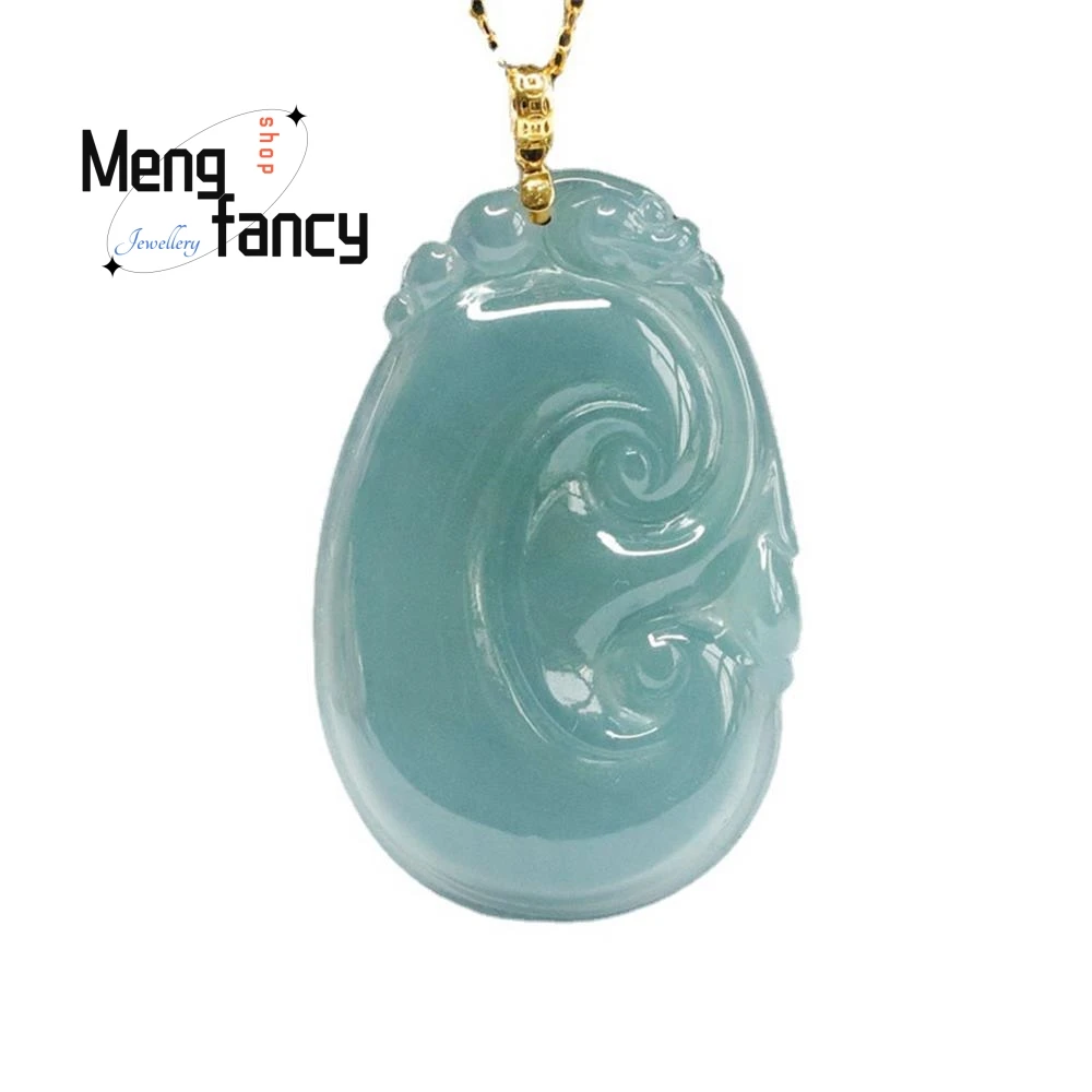 18K Gold Buttoned Head Natural Jadeite Exquisite Elegant Simple High-grade Pendant Blue Water Ruyi Jade Luxury Fashion Jewelry
