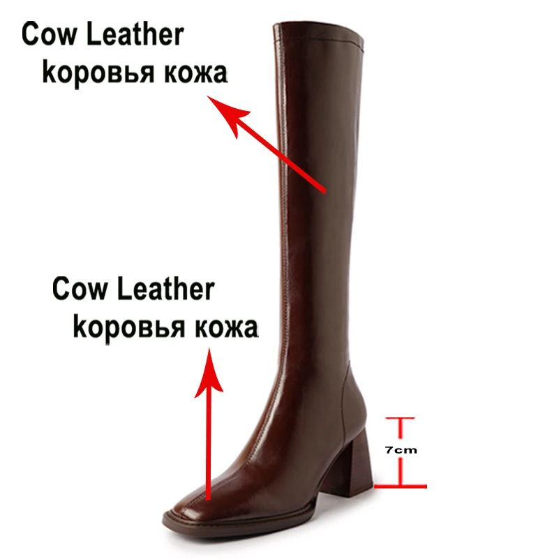 Meotina Women Genuine Leather Knee High Boots Square Toe Block High Heels Zipper Long Boots Ladies Fashion Shoes Winter Beige 40