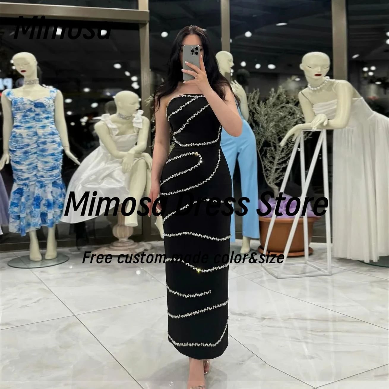 

Mimosa Ankle Length Sheath Prom Dresses Strapless Crystals Luxury Evening Gowns Zipper Back Wedding Party Dress Customized