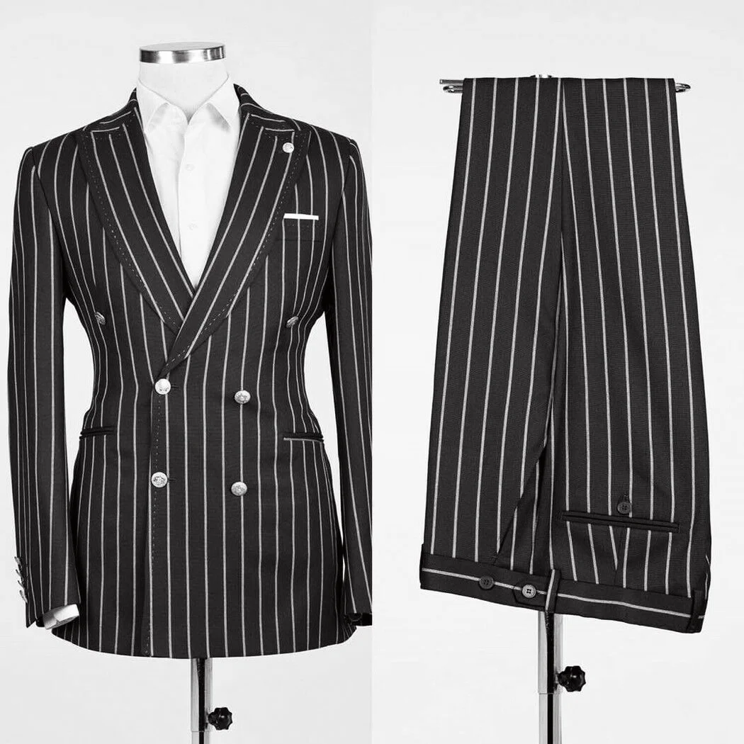 Men\'s Suits Stripe Business Blazer Sets 2 Pcs Male Coat with Pants Double Breasted Jacket British Style Pantsuits Customized