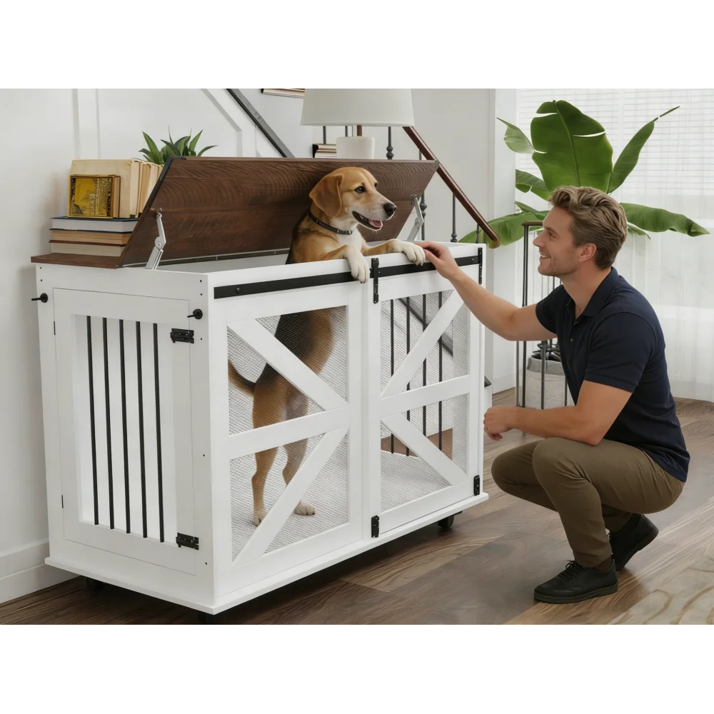 

47.2" Mobile Dog Crate: Flip-Top Feeding Door, Dual Access,5 Casters(2 Lock),Side Hooks-MultiFunc Kennel