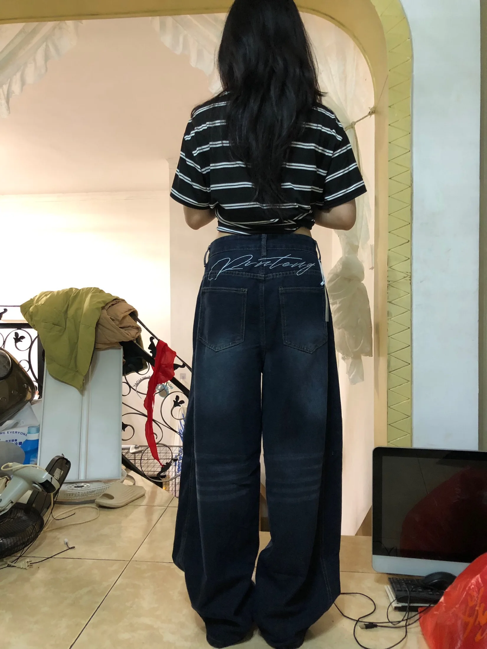 Frauen Vintage Stickerei Jeans Hohe Taille Hip Hop Gerade Baggy Hosen Streetwear Y2K Amerikanischen Retro Breite Bein Denim Hosen
