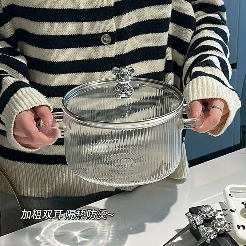 

New Household Large Soup Bowl Salad Bowl with Lid Instant Noodle Bowl Can Directly Cook Binaural Glass Pot