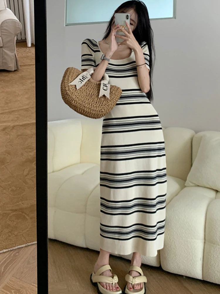 Women Elegant Dresses Striped Square Collar Skin-friendly Classical Vintage Casual Beachwear Vacation French Style Summer Chill