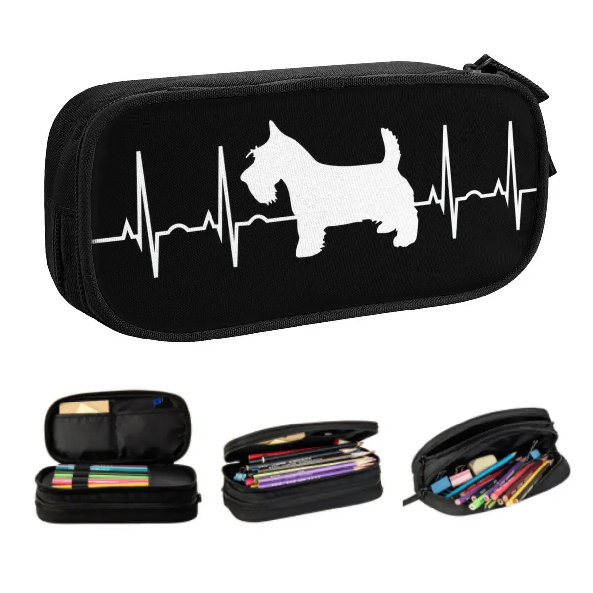 Scottish Terrier Dog Heartbeat Pencil Case for Girl Boy Large Storage Scottie Pen Bag Box Stationery