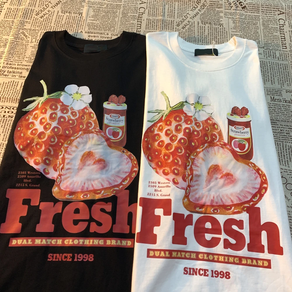 Camiseta de manga corta con estampado creativo de fresa fresca para mujer, camisa de media manga, holgada, versátil, americana, marca de moda