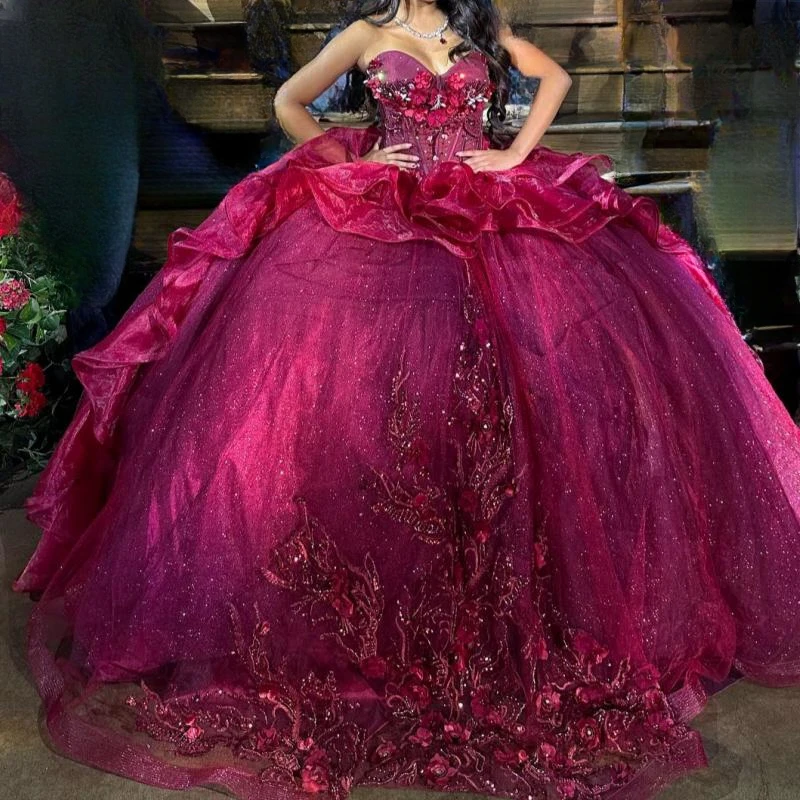 

Fuchsia Quinceanera Dresses Ball Gown Off The Shoulder Appliques Lace Beads Crystal Tull Birthday Party Gown Sweet 16 Vestidos