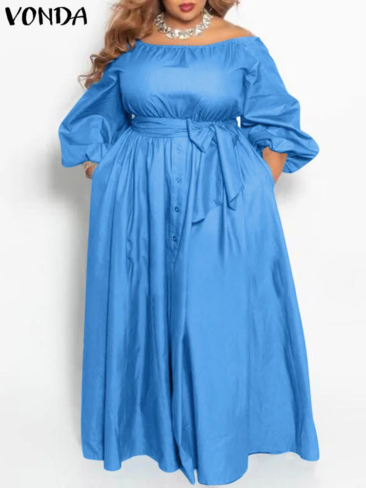 Plus Size Women Summer Long Dress Maxi Sundress VONDA 2024 Casual Solid Elegant Off Shoulder Bohemian Party Vestido Belted