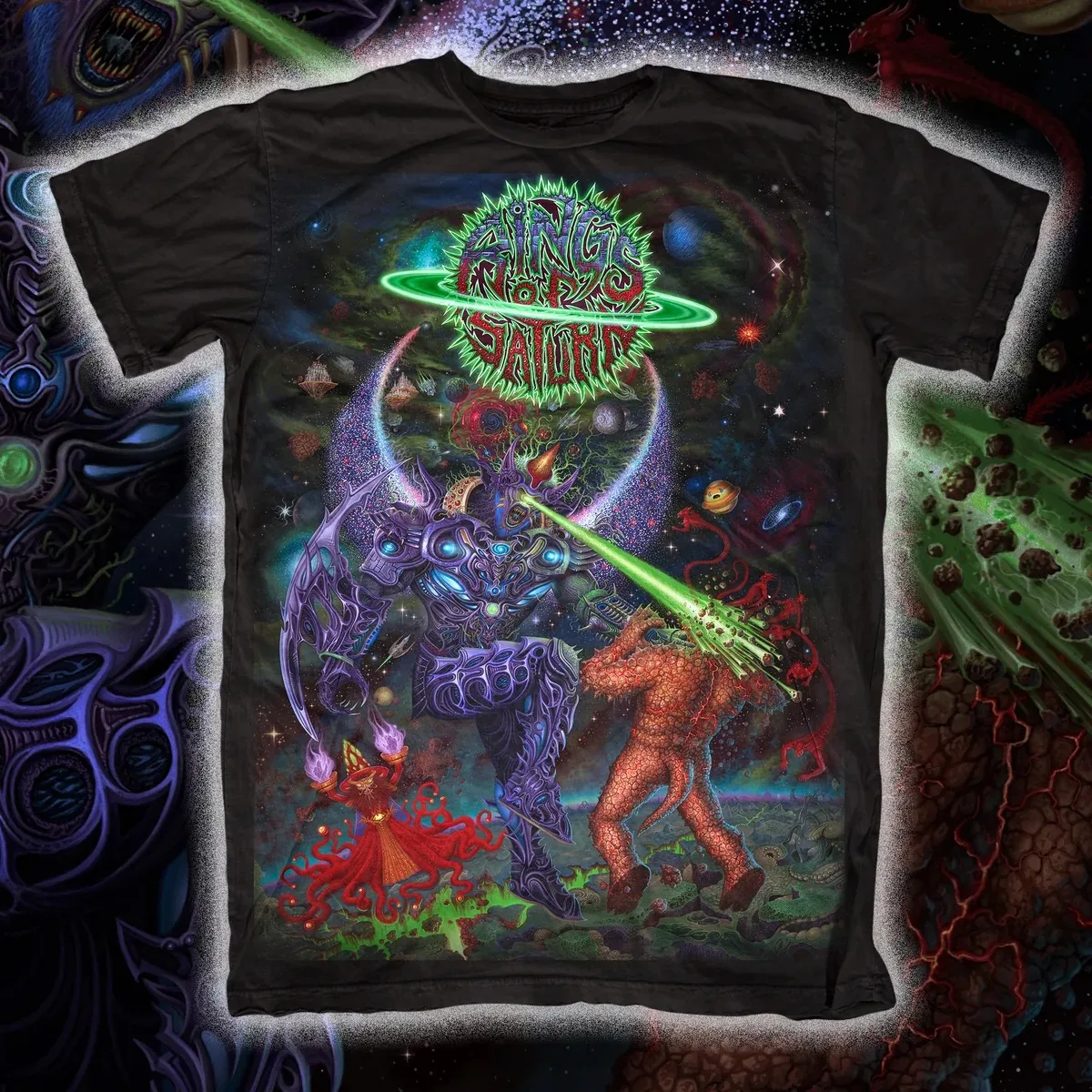 Rings of Saturn Bizarre Alien Planet Dark Death‑Metal Theme Print T‑Shirt, Equipped with Eye‑catching Full‑print Surreal