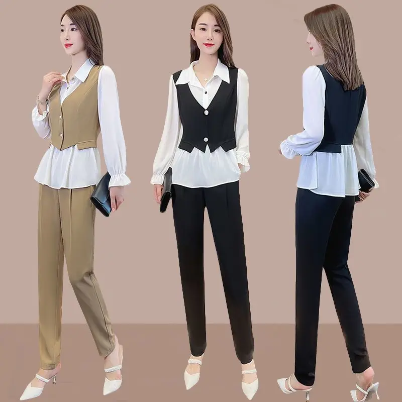 Fashion Suit Women\'s New Style Western-style Fake Two-piece Top Vest Shirt Shirt Temperament Slimming Two-piece Set