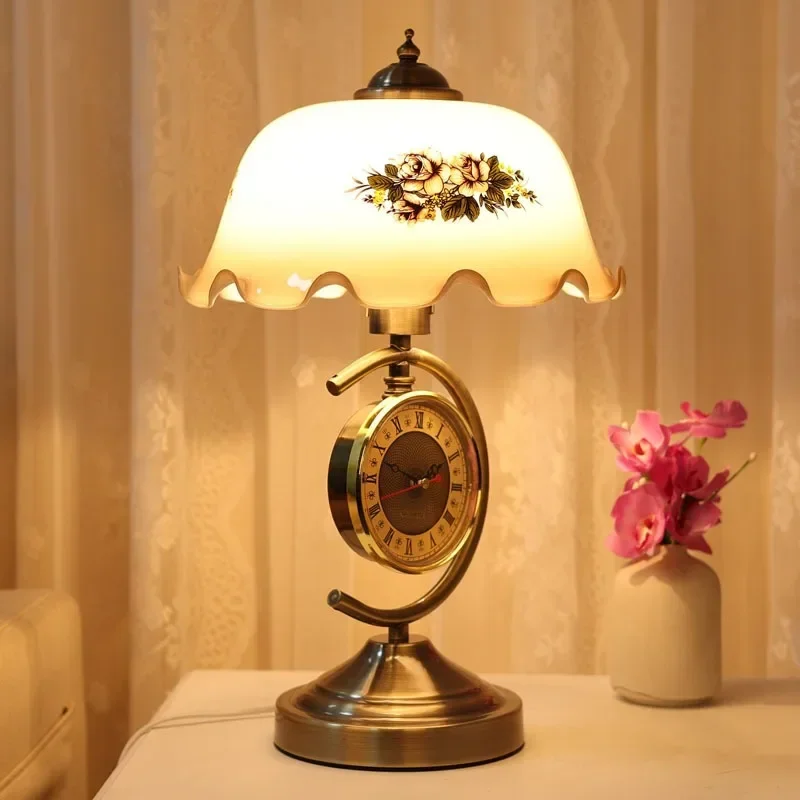 

European Retro Nostalgic Study Living Room Bedside Clock Desk Lamp