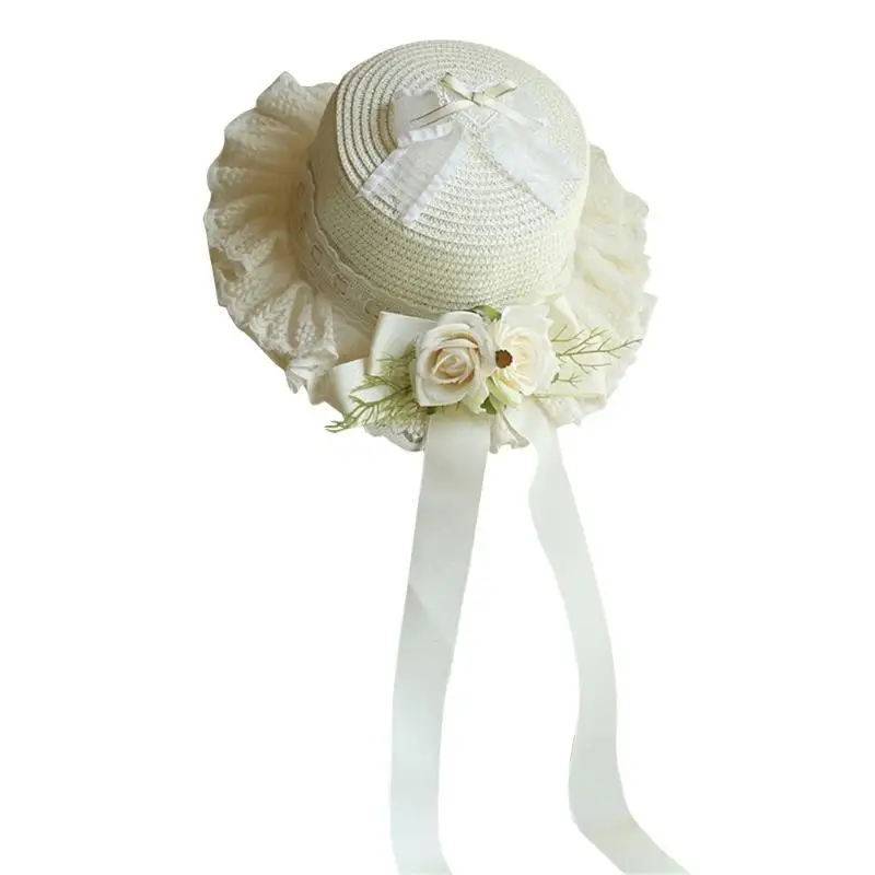 652F قبعة Hepburn الغربية مع White Rose Bowknot شاي شاي الدانتيل