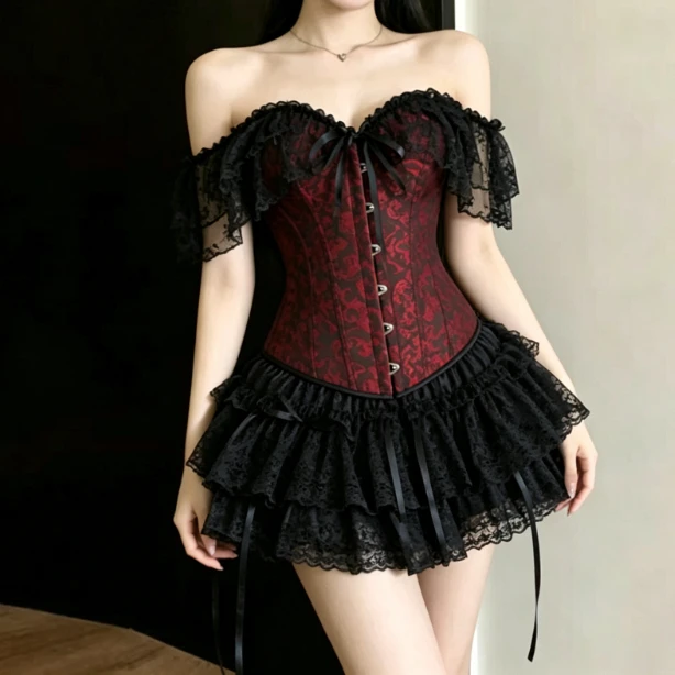 Y2k Dark Gothic Lace Corset Set Women Off Shoulder Bow Decor Tops Multi-Layer Ruffle Mini Skirt Sexy Club Wear