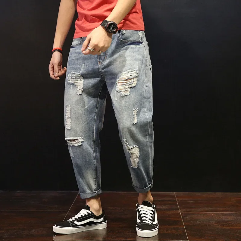 

Men Summer Ripped Ankle Length Plus Size Jeans 38 40 42 Harem Holes Hip Hop Trousers Denim Scratched Loose Boys Cool Blue Pants