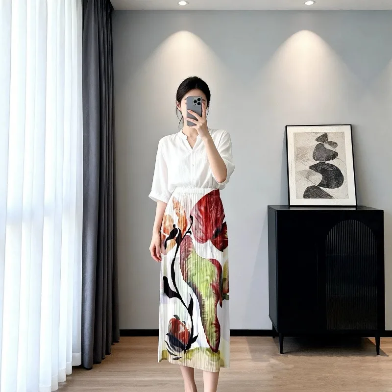 Miyake Pleated Summer 2026 Skirt for Women High Waist Loose Fit Printed Fresh Versatile Casual Pleated Mid-Length Skirt Pleat
