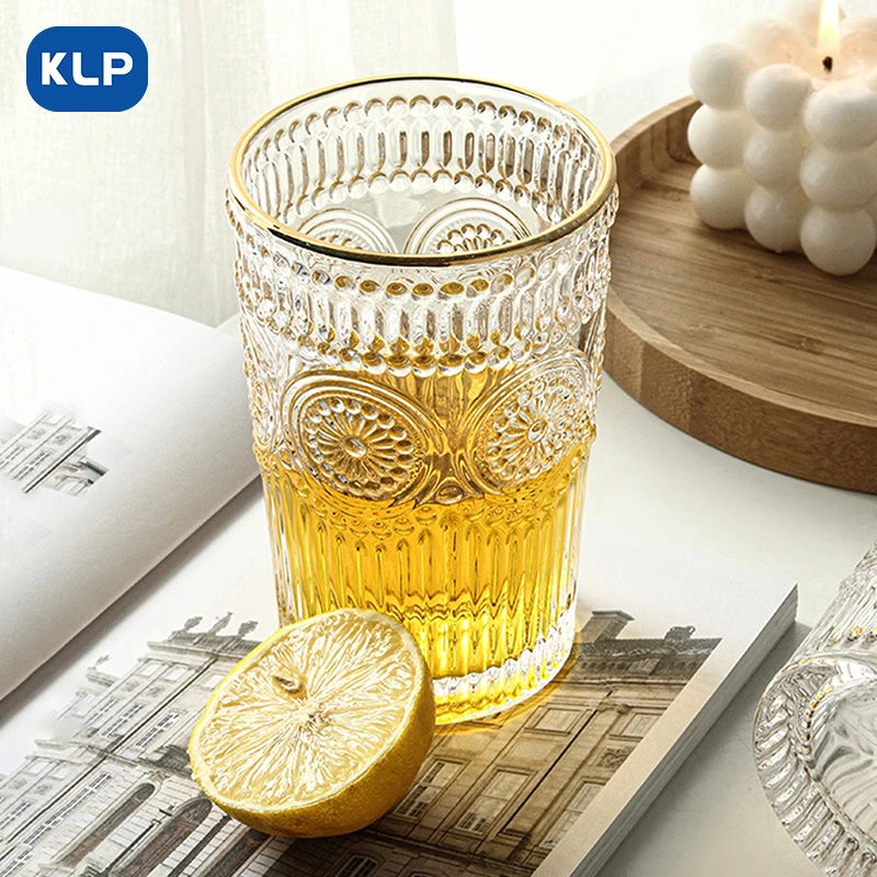 KLP 1pcs Vintage Embossed Glass Mug, Sunflower Coffee Mug, Clear Glass Mug, Family Breakfast Mug - High End, Capacity: 350ml