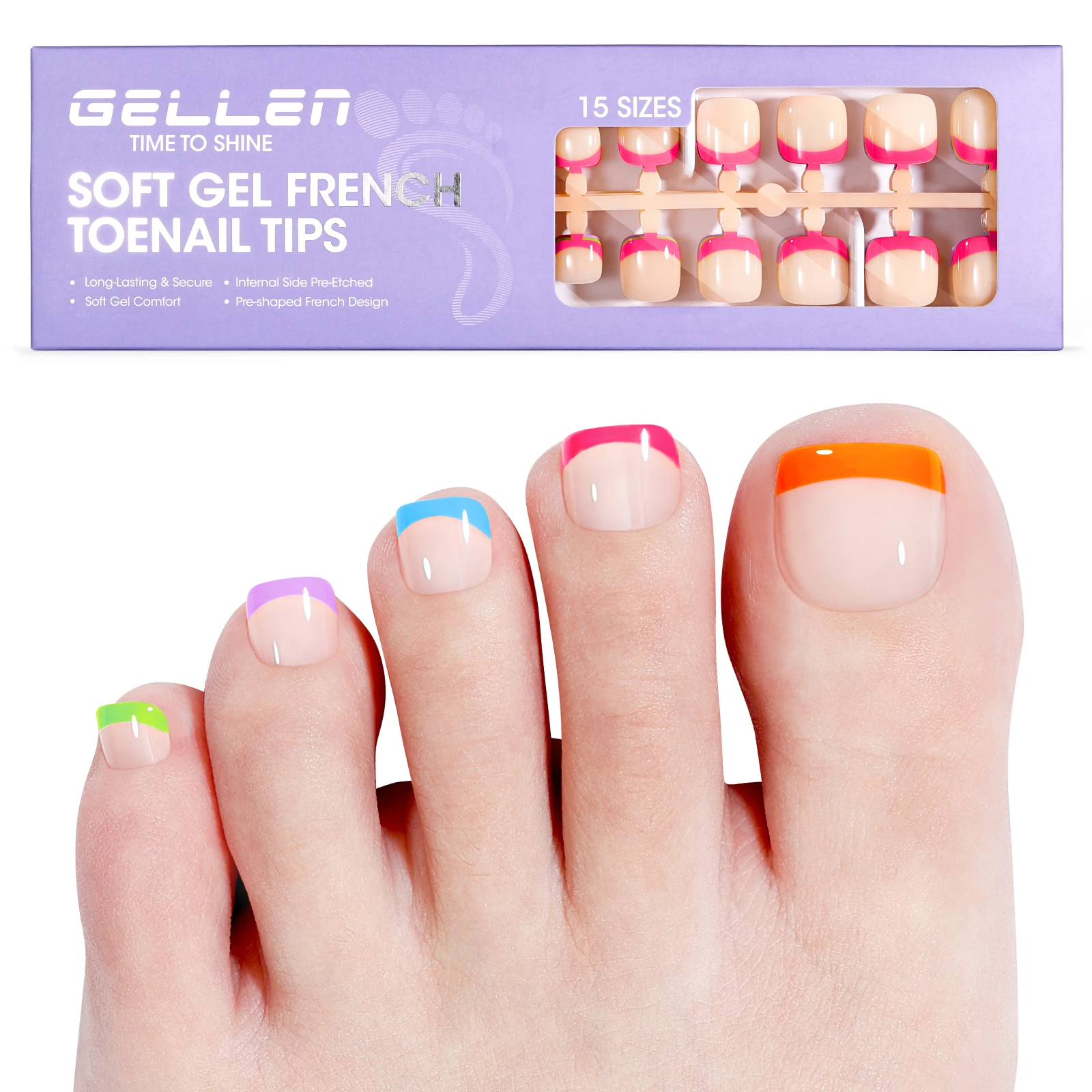 

Французские накладные ногти для педикюра, короткие, летние, яркие, из мягкого геля, 15 размеров, 150 шт., полное покрытие