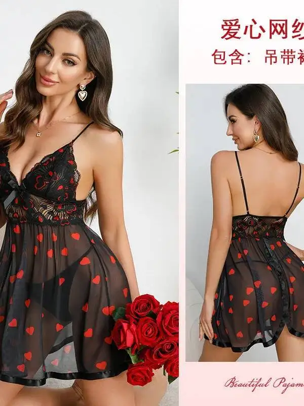 Black Sheer Lace Dress With Heart Print Deep V Mesh Transparent Backless Suspenders Sleeveless Dress Pure Desire Charming 61KU