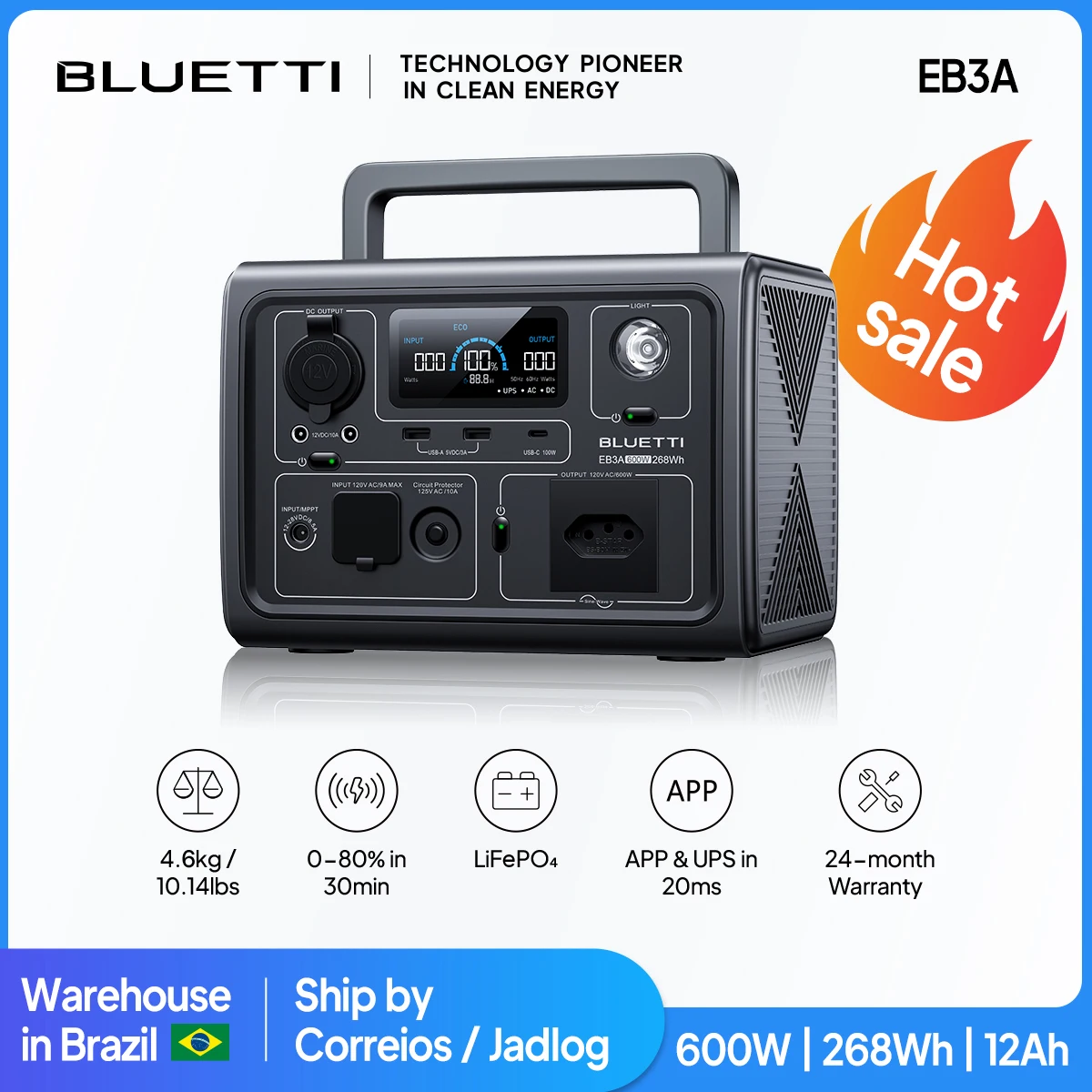 [Brazil Plug] BLUETTI EB3A 600W 268Wh Portable Power Station Solar Generator LiFePO4 Battery For Outdoor Camping Fishing RV UPS