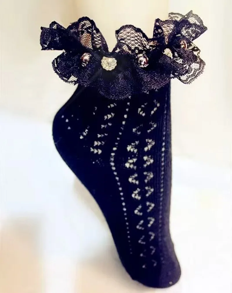 

Heavy Industry Lace Ruffles Pearls Beaded Princess Cotton Woman Socks Girls Sweet Black Sock