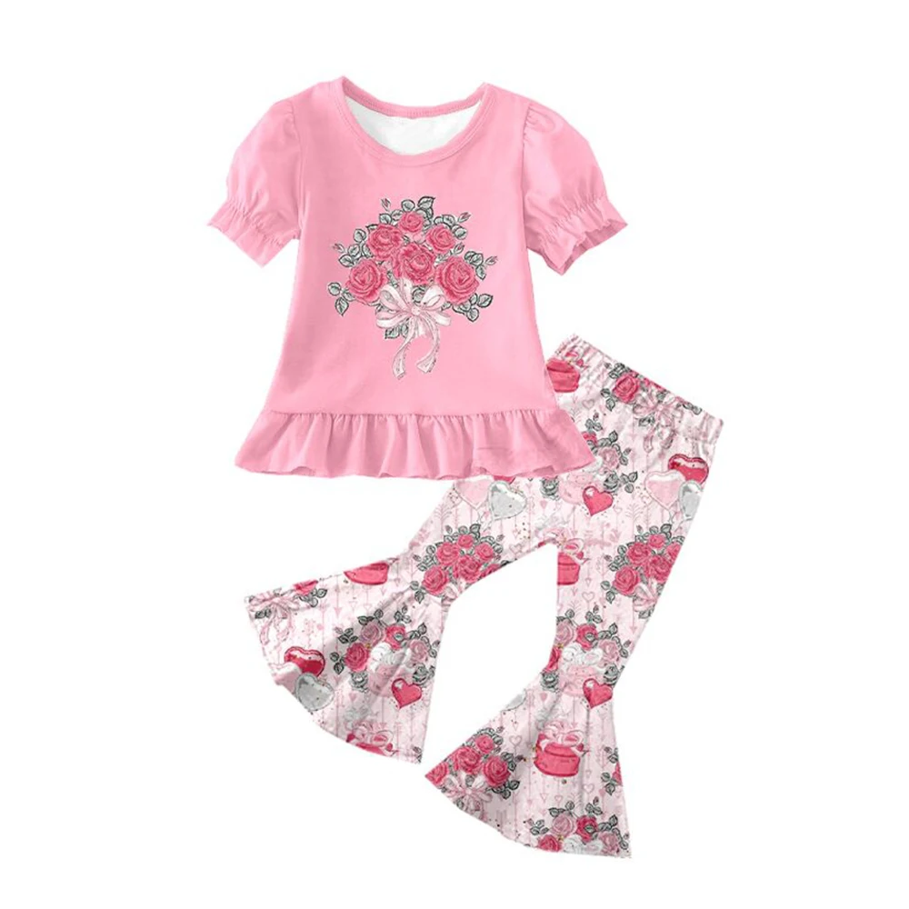 Tenue de Saint-Valentin pour filles, vêtements de boutique pour enfants, imprimé floral, manches courtes, bas de cloche