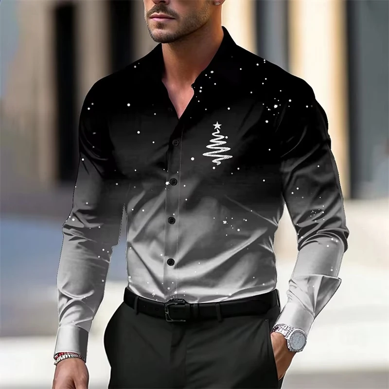 

Men's Holiday Ready Christmas Tree Print Button Lapel Shirt Long Sleeve XS-6XL