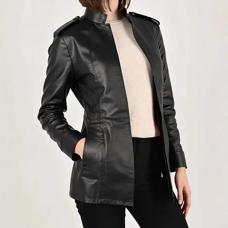 Women's Leather Stand-Up Collar Long Sleeve Fashion PU Leather Jacket Female Motorcycle Biker Black Coat
