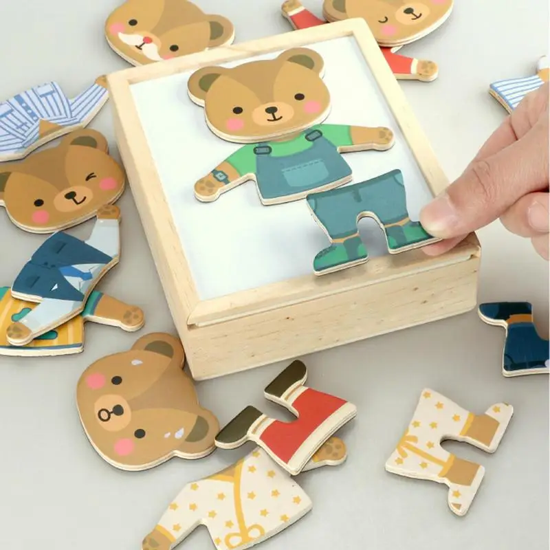 Puz rompecabezas de madera para niños, puzle magnético de oso para niños, juguetes de aprendizaje preescolar, clasificación de patrones de dibujos animados y emparejamiento