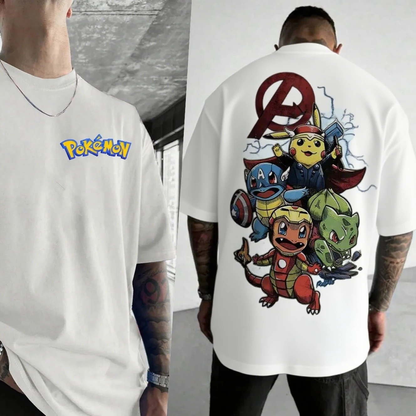 

Pokémon Avengers Fusion Cotton Tee Front Small Graphic Back Large Crossover Scene Pure Cotton Daily Wear for Fans Tee S-4XL