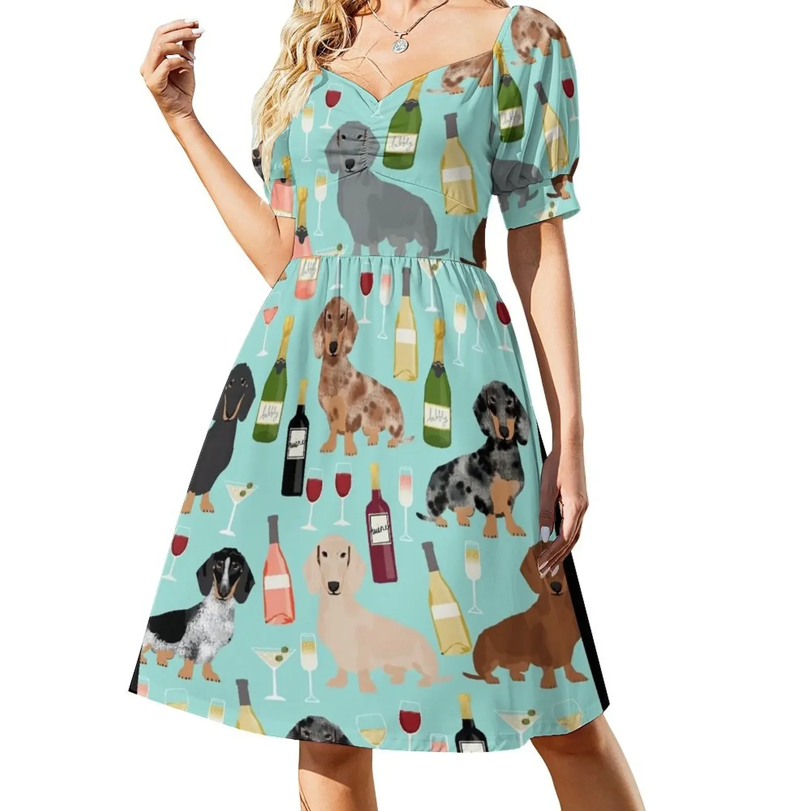 

Dachshund wine cocktails rose doxie dachsie dog breed pattern Dress women's summer clothing 2024 elegant women's sets