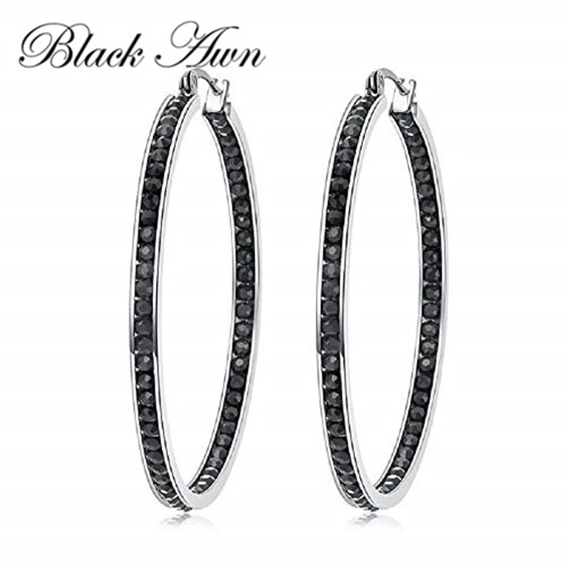 

Black Awn 2023 New Classic Silver Color Round Black Trendy Spinel Engagement Hoop Earrings for Women Fashion Jewelry I195