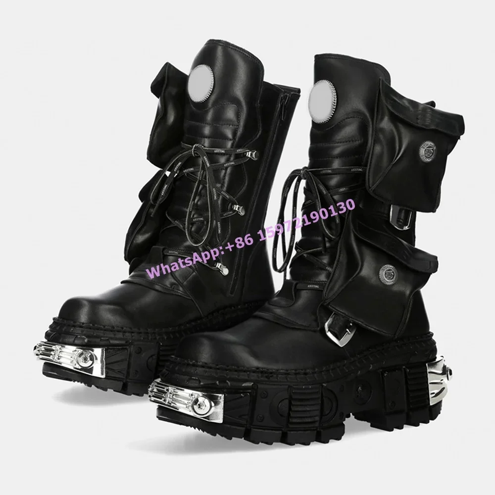 Metal Toe Black Pocket Ankle Boots Thick Soled Platform Fashion Couples Tank Boots Lace Up Leather Cool Dark Punk Winter Shoes
