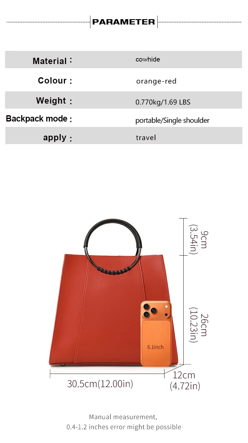 Damen-Handtasche aus Glattleder mit Rundem Ringgriff, Elegante Henkeltasche, Damen-Umhängetasche für Arbeit und Alltag – Detail 4