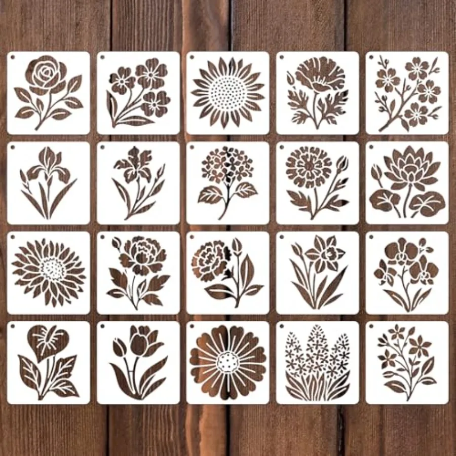 

20pcs Stencils for Painting, 3 Inch Reusable Sun Plant Botanical Floral Wild Templates for Wood Nature Fence Walls DIY Crafts T