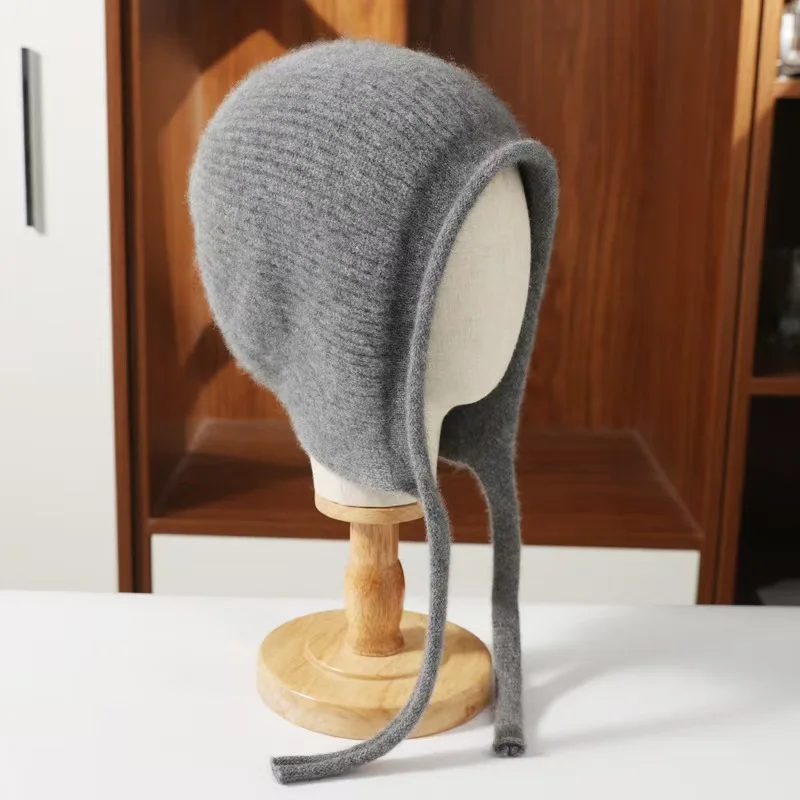

100%Pure Wool Women's Winter Hat Cute Lace-up Knitted Pullover Beanies Cap Fashion Warm Soft Knitted Solid Earflap Skullies Cap