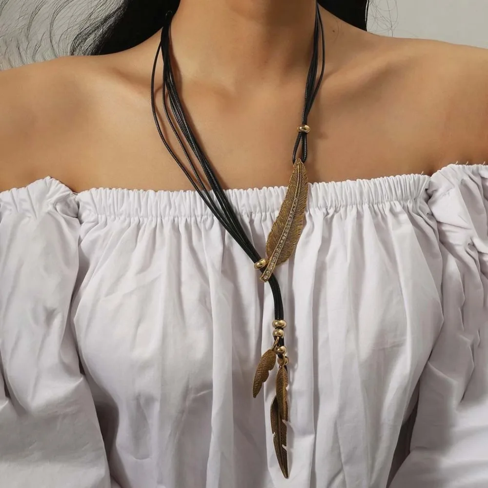 Alloy Golden Feather Necklace Silver Decorations Leather Rope Tassel Necklace Collar Chain Alloy Long Chain Leaves Neck Pendant
