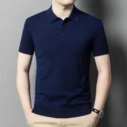 Men's Short-Sleeved Wool Light Board Solid Color Lapel Knitted Sweater Top Polo Shirt Business Casual Man T-shirt