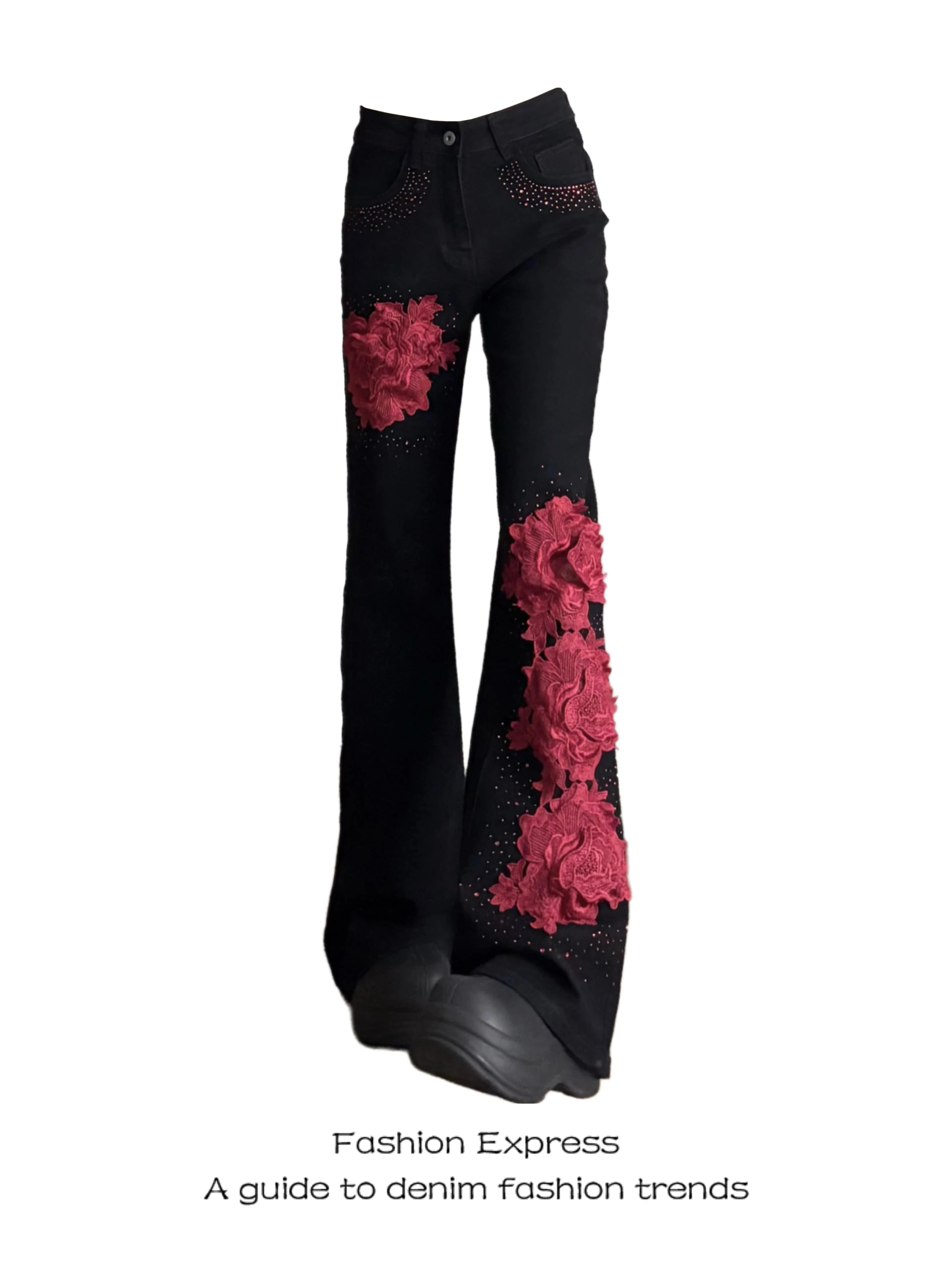 

Retro Rose Splicing Slim Fit High Waist Denim Pants Women's Y2K Trendy Bell Bot Wear Resistant Daily Wear Pure Color