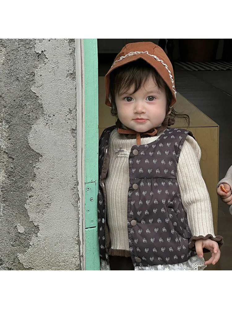 الفتيات أسفل سترة الخريف الشتاء جديد لطيف طفلة الدانتيل طباعة سترة الرضع الدافئة جاكيت بلا إكمام فئة #6