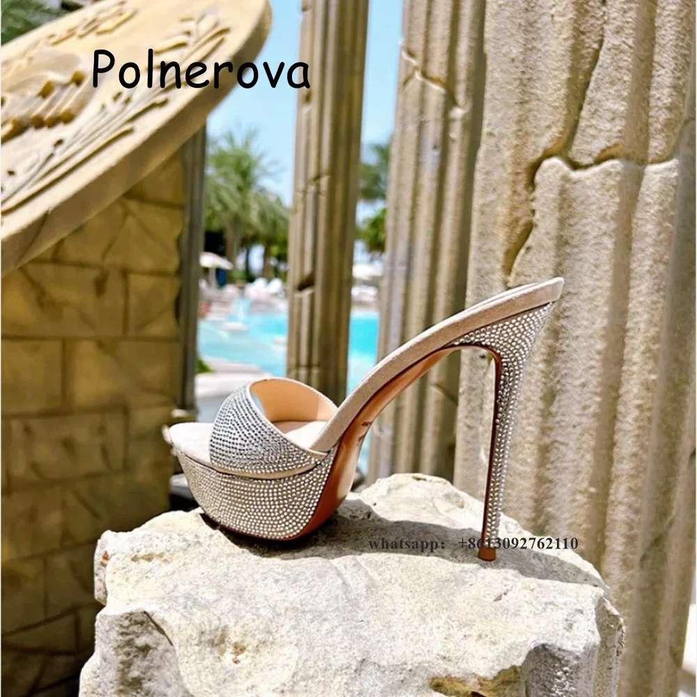 

Тапочки с открытым носком со стразами, женские туфли на тонком каблуке со сверкающими кристаллами, роскошные белые туфли, женский праздничный наряд, красивые стильные тапочки