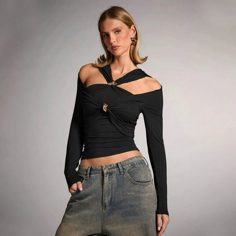Cross-border Women's Clothing 2026 Summer New Fashion Design Sense Princess Style T-shirt Off Shoulder Slim Fit Temperament Top