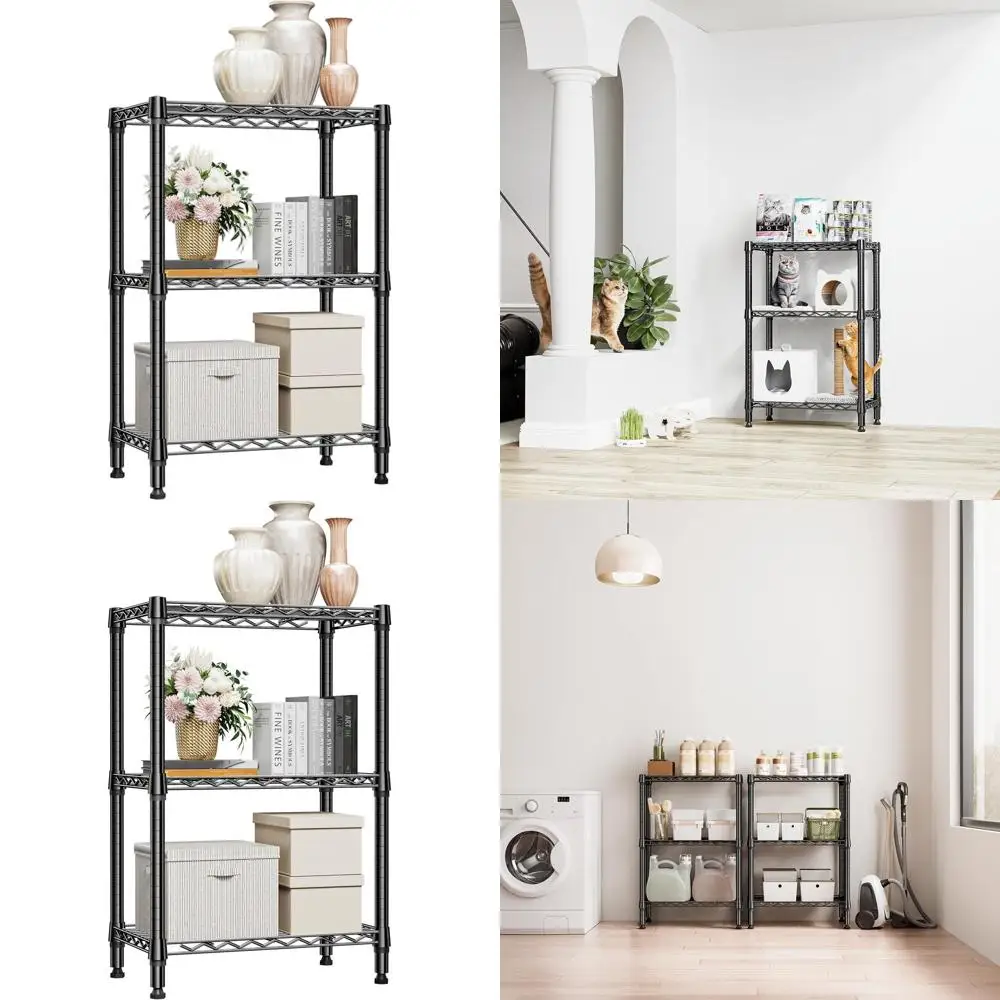 

3-Tier Heavy-Duty Metal Storage Shelves - Wire Rack Organizer for Closet, Garage, Kitchen, Bathroom, Laundry - Black